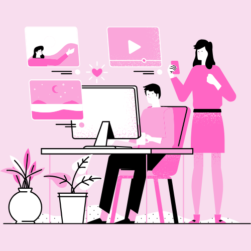 Un homme et une femme lisent des articles sur un ordinateur.