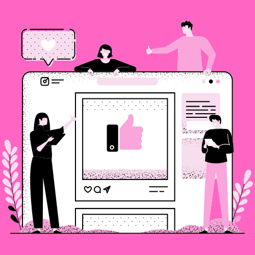 Quatre personnes observent un fil d'actualité Instagram.